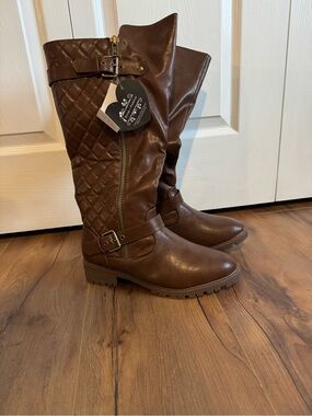 Brown Quilted Wide Calf Boots with Buckle Detail, size 9, NWT